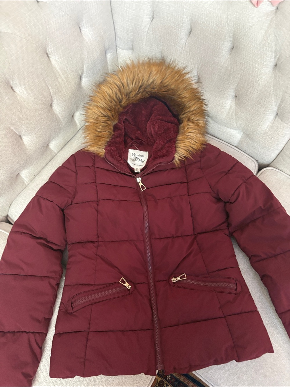 Maralyn & Me Wine Quilted Puffer with Faux Fur Trim Hood